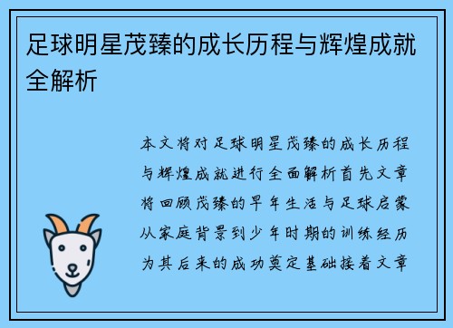 足球明星茂臻的成长历程与辉煌成就全解析